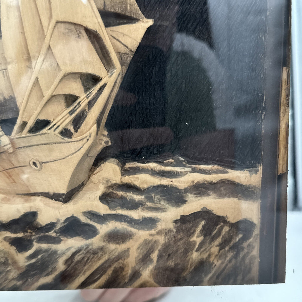 Brass Framed Mirror Carved Wooden Galleon Sail Ship Framed Vintage 47.5 x 57.5cm