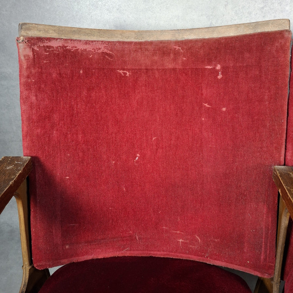 Art Deco Vintage Twin Cinema Theatre Fold-Up Seats | Red Fabric | Original Row Numbers