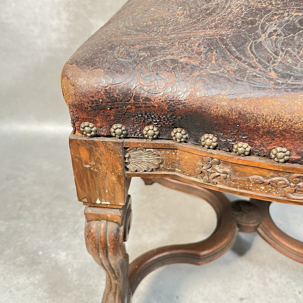 Antique Victorian Renaissance Revival Oak Hall Chair c.1880s Tooled Leather Seat