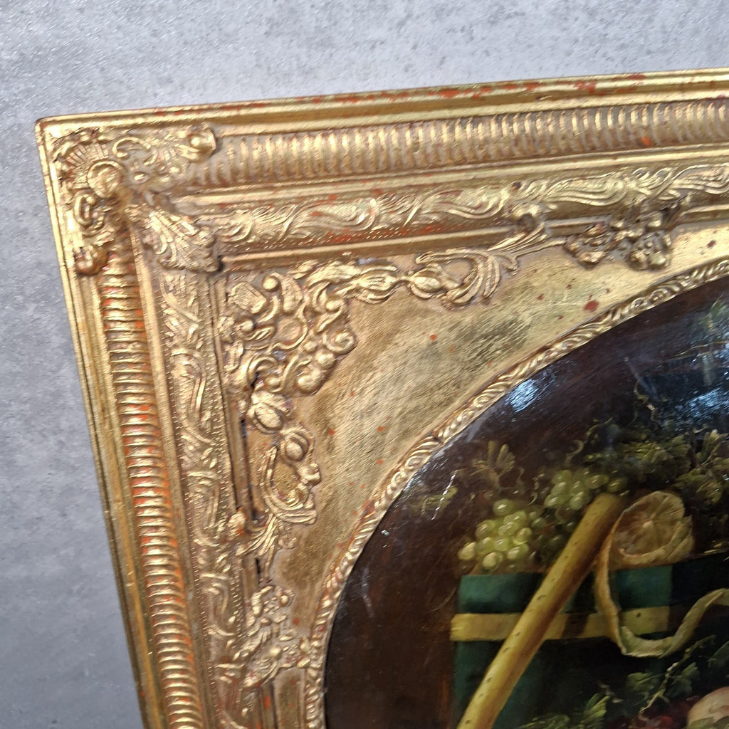 Vintage Continental Still Life Oil Painting | Grapes & Plums | Oval Convex Gilt Frame | Mid-20thC