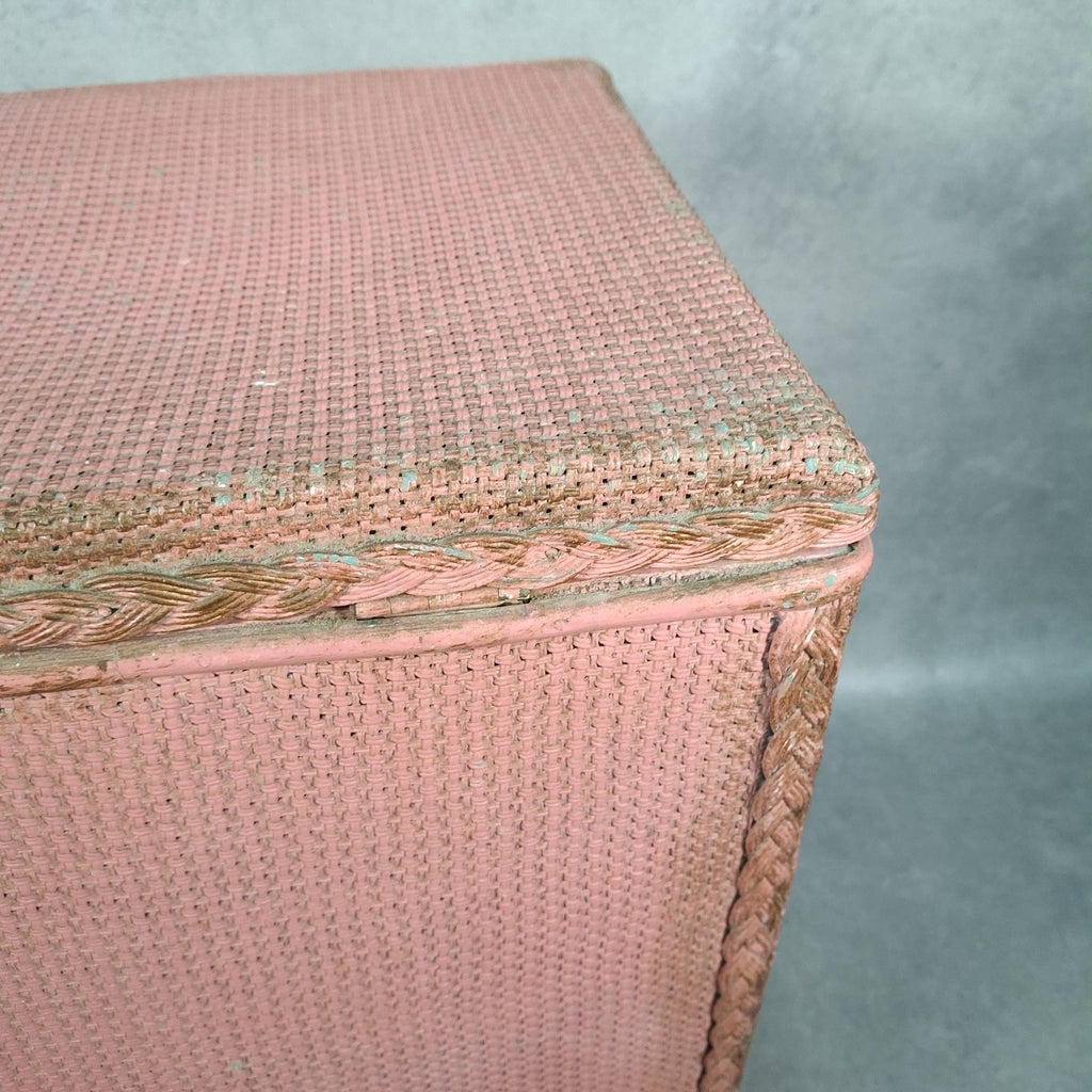 Vintage Pink Lloyd Loom Style Woven Fibre Laundry Basket / Linen Hamper - 1950s, Used, Green Original Colour