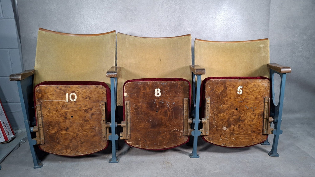 Vintage Art Deco Cinema Theatre Seats | Row of 3 Fold-Up Chairs | Red Fabric | Used