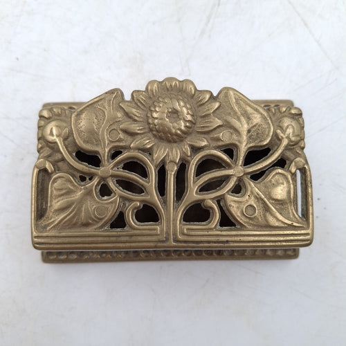 Antique Brass Double Inkwell Desk Inkstand - Art Nouveau Sunflower Pierced Flip-Top Lid - Beaded Base - Pre-Owned
