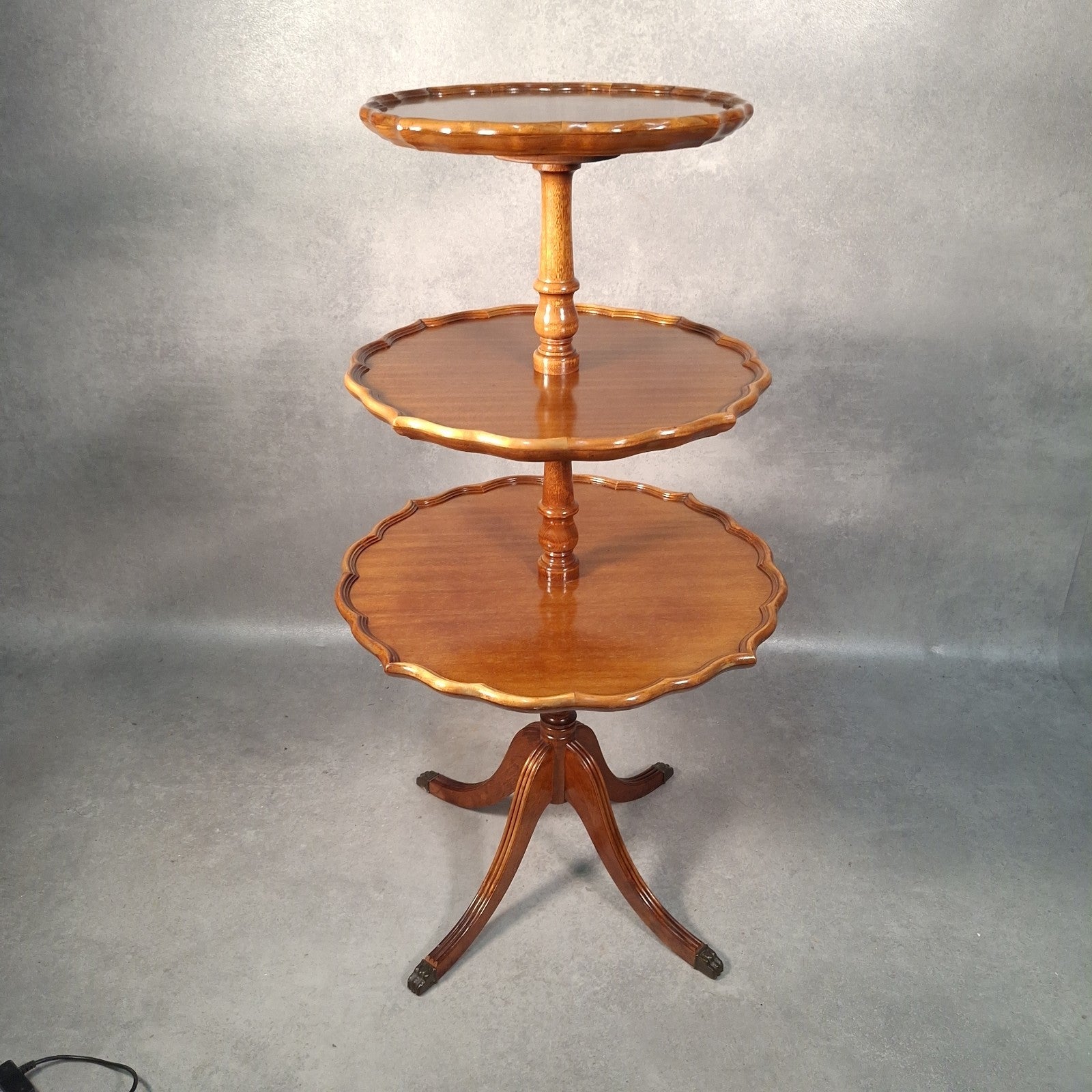 Vintage Reproduction Dumb Waiter Tiered Occasional Table | Solid Wood | Brass Lion Paw Feet | Used