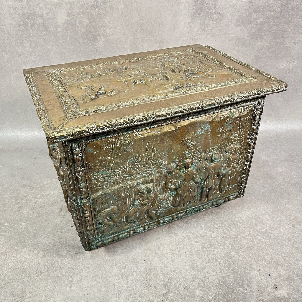 Vintage Embossed Brass Coal Box / Log Box - Tavern & Hunting Scenes - Victorian/Edwardian Style - Used