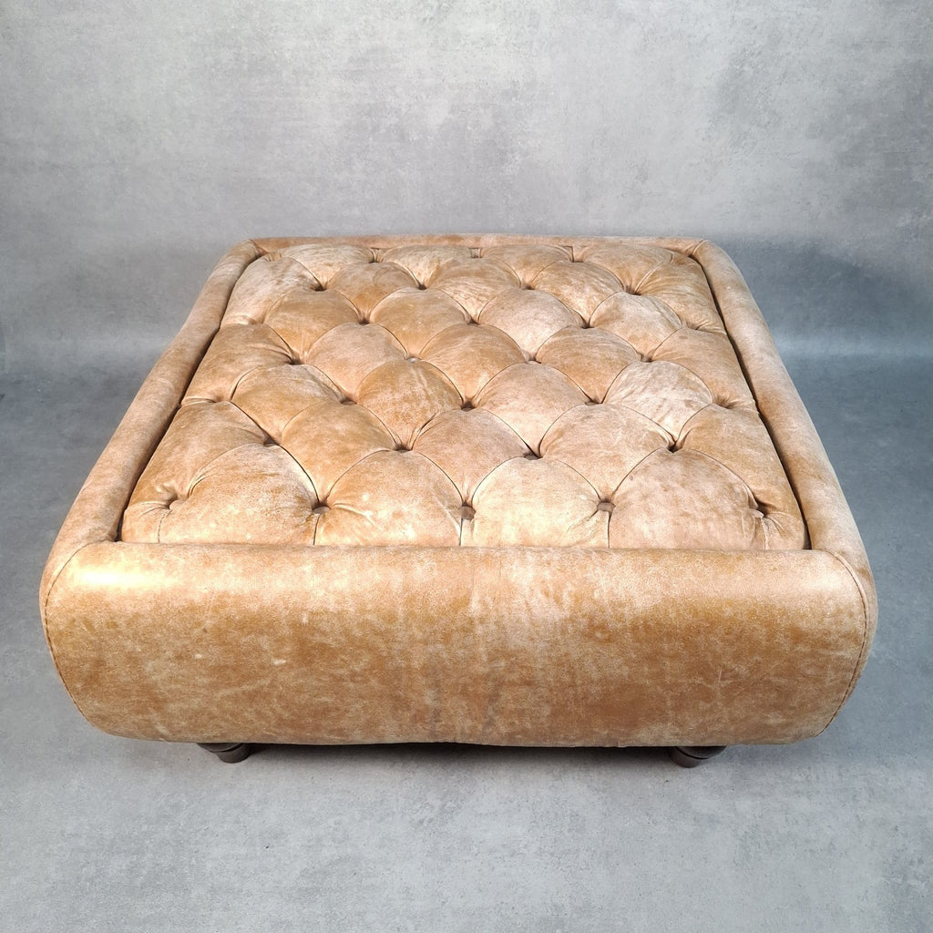 Large Square Tan Leather Chesterfield-Style Footstool | Button Top | Rustic | Used | 72cm