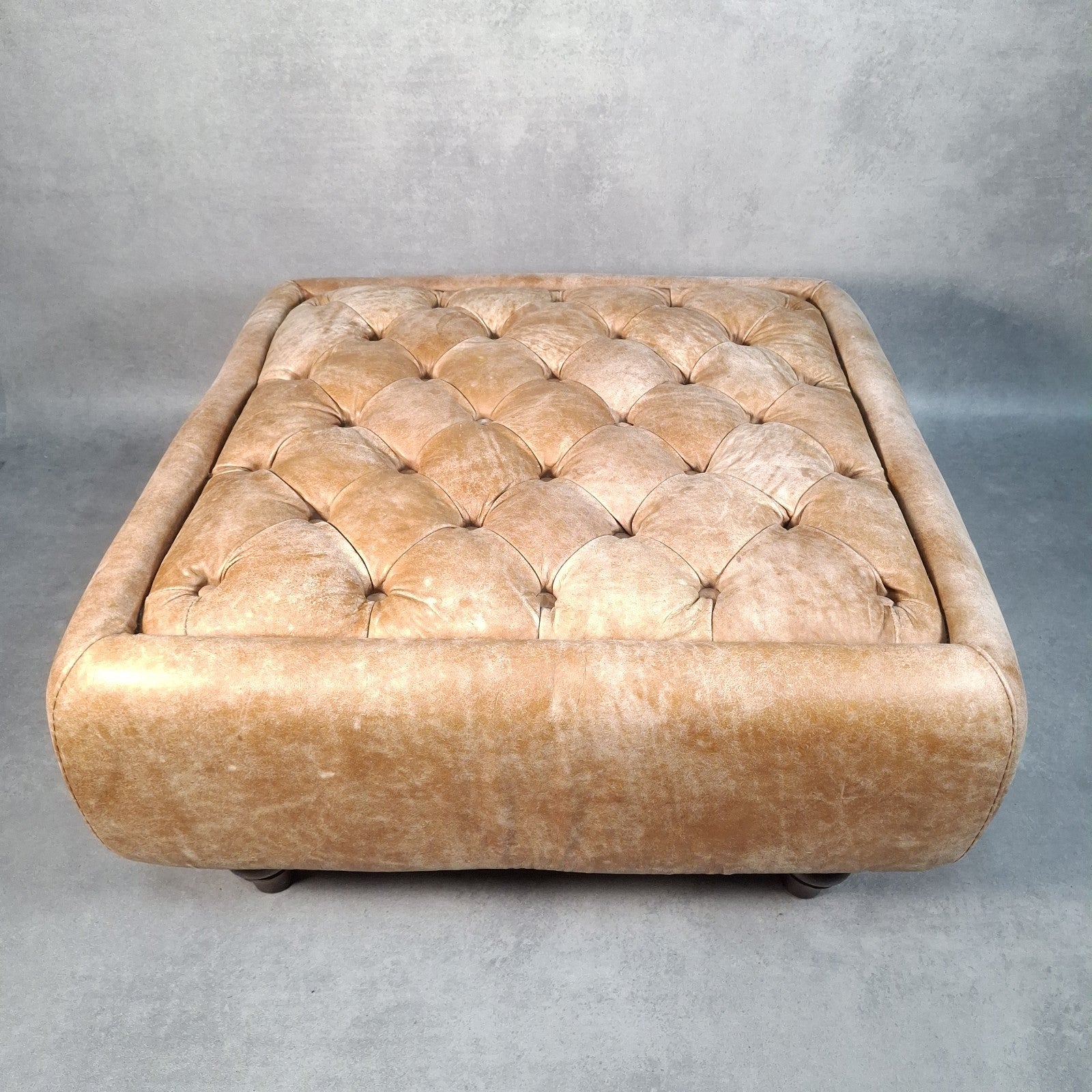 Large Square Tan Leather Chesterfield-Style Footstool | Button Top | Rustic | Used | 72cm