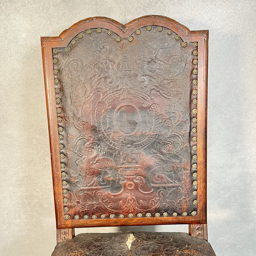 Antique Victorian Renaissance Revival Oak Hall Chair c.1880s Tooled Leather Seat