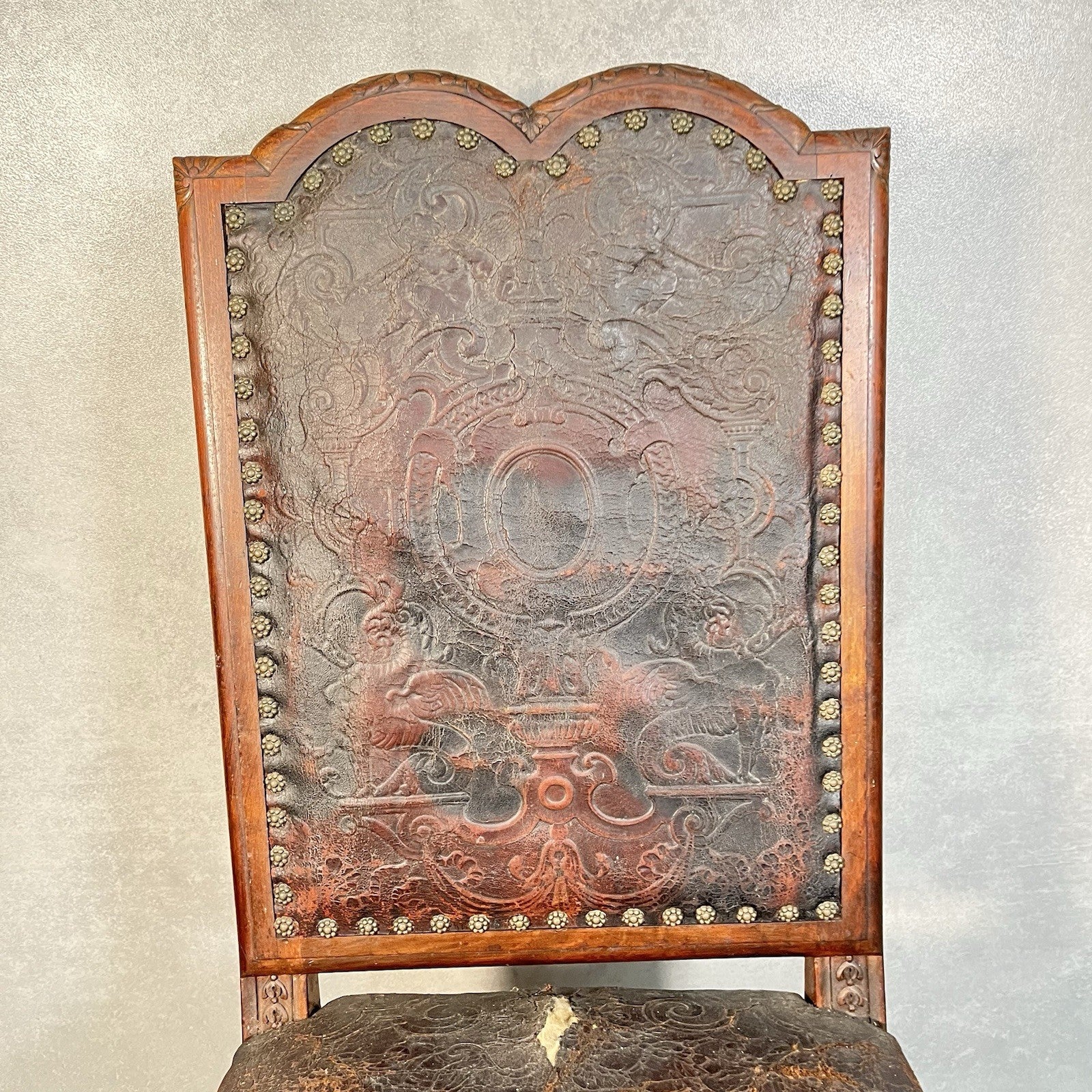 Antique Victorian Renaissance Revival Oak Hall Chair c.1880s Tooled Leather Seat