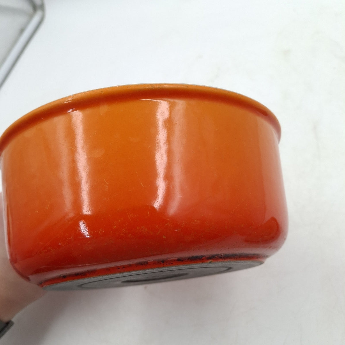 Vintage Cousances 18 Cast Iron Saucepan with Lid - Orange Enamel - Made in France - Used