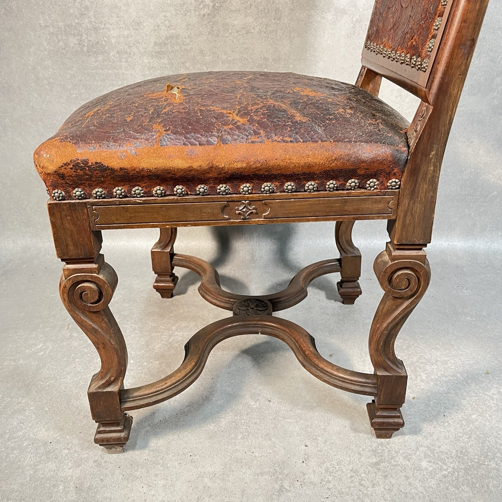 Antique Victorian Renaissance Revival Oak Hall Chair c.1880s Tooled Leather Seat