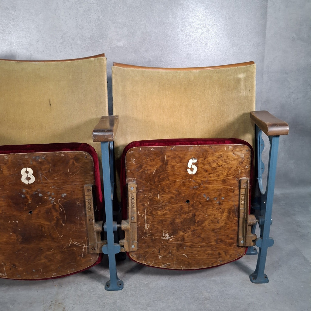 Vintage Art Deco Cinema Theatre Seats | Row of 3 Fold-Up Chairs | Red Fabric | Used