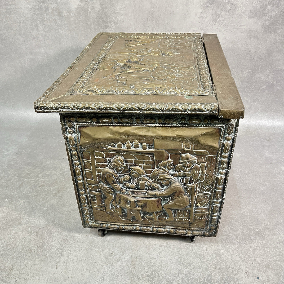 Vintage Embossed Brass Coal Box / Log Box - Tavern & Hunting Scenes - Victorian/Edwardian Style - Used