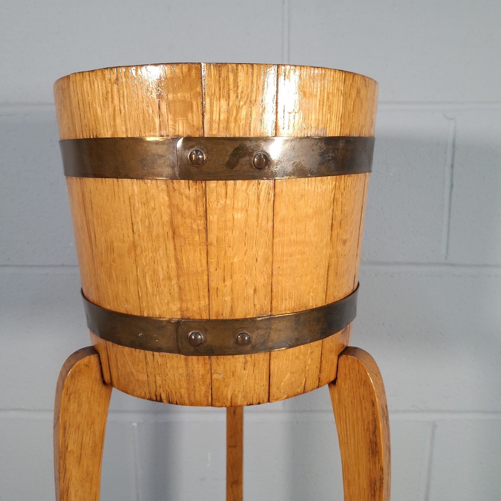 Wood & Brass Bound Plant Stand - Barrel Jardiniere R.A. Lister & Co Vintage Prop