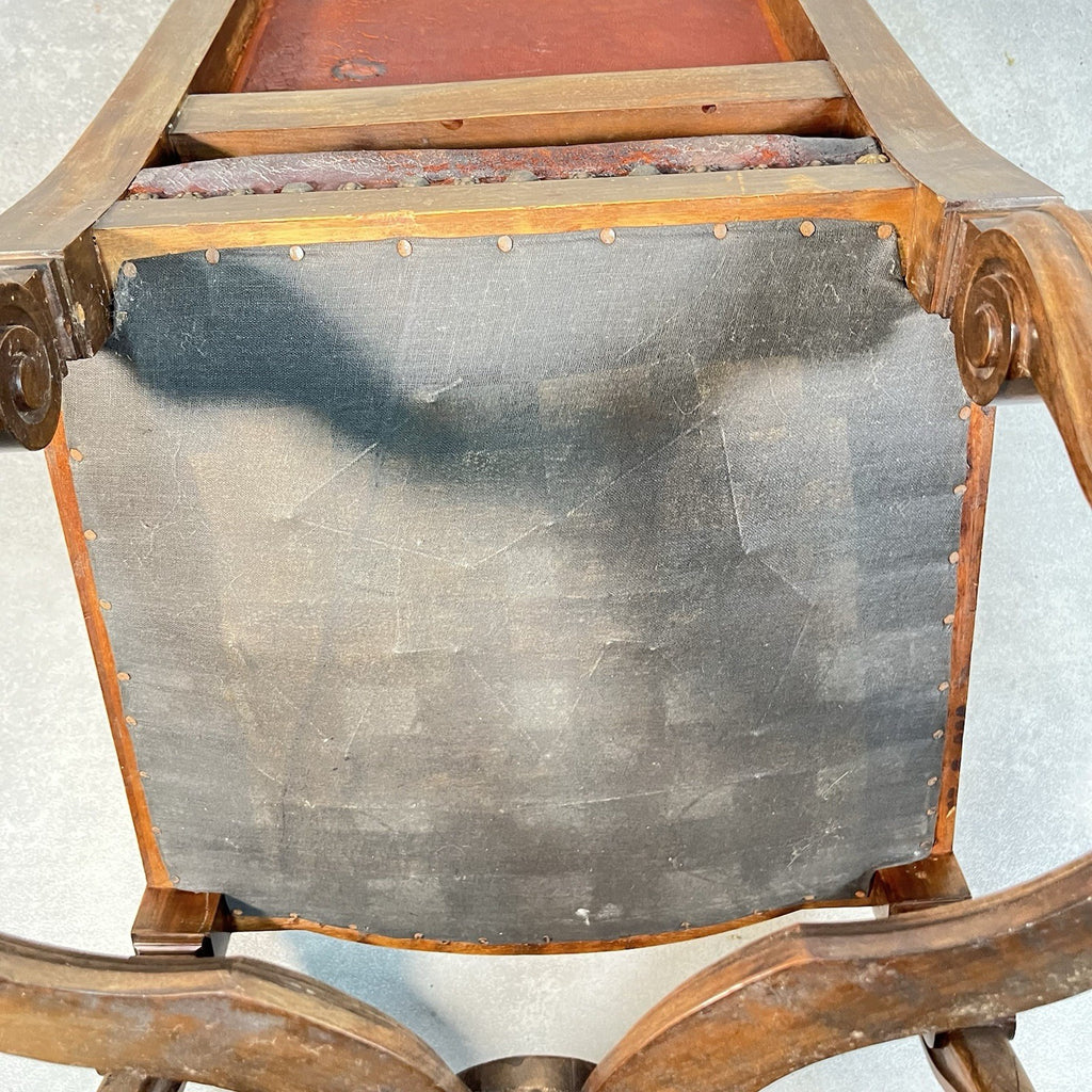 Antique Victorian Renaissance Revival Oak Hall Chair | Tooled Leather Seat & Back | c.1880s | Used