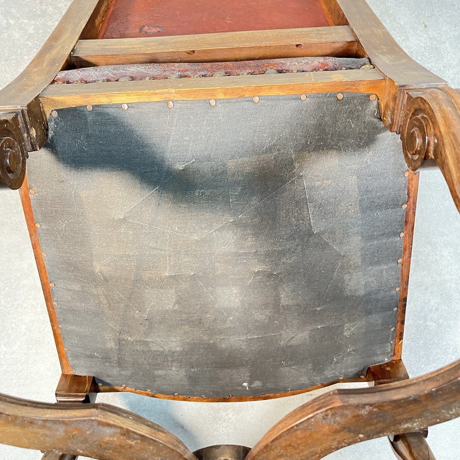 Antique Victorian Renaissance Revival Oak Hall Chair | Tooled Leather Seat & Back | c.1880s | Used
