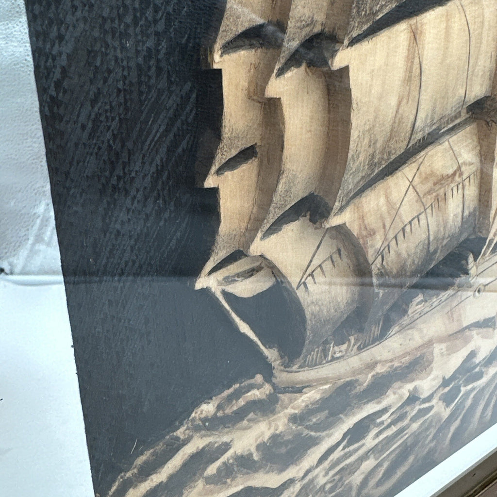 Brass Framed Mirror Carved Wooden Galleon Sail Ship Framed Vintage 47.5 x 57.5cm