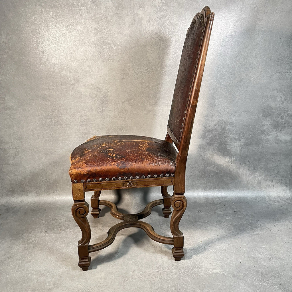 Antique Victorian Renaissance Revival Oak Hall Chair c.1880s Tooled Leather Seat