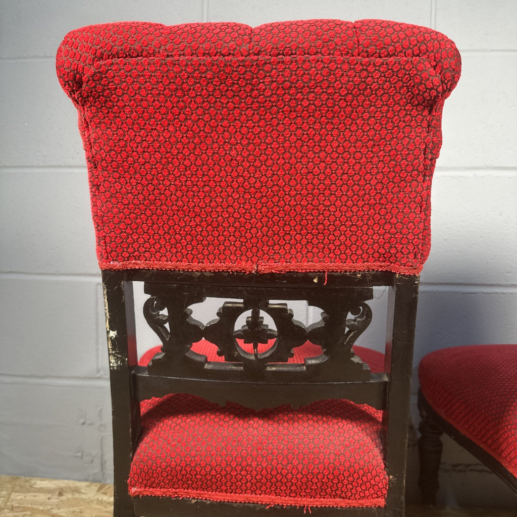 Pair of Antique Carved Nursing Chairs | Black Painted | Red Upholstery | Castors