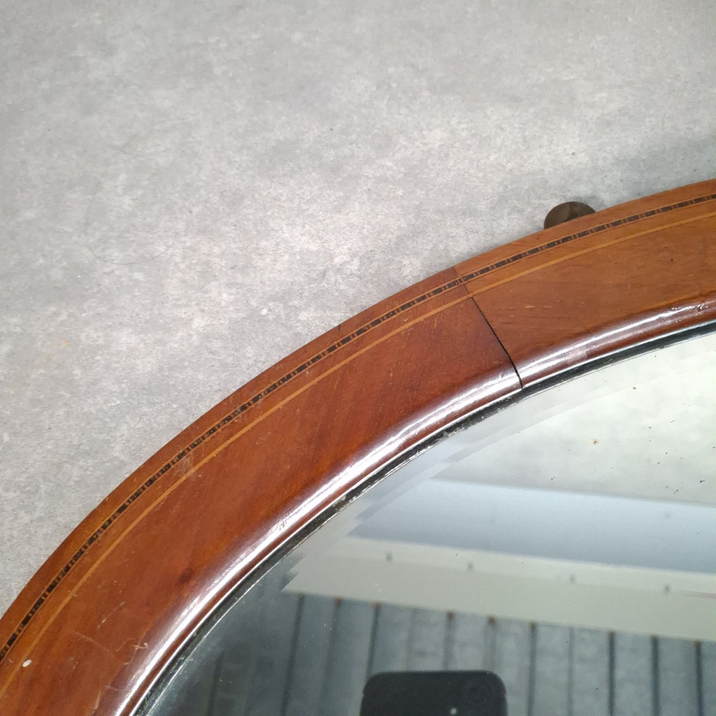 Antique Edwardian Oval Bevelled Wall Mirror | Inlaid Mahogany Frame | c.1900s | 85cm | Used
