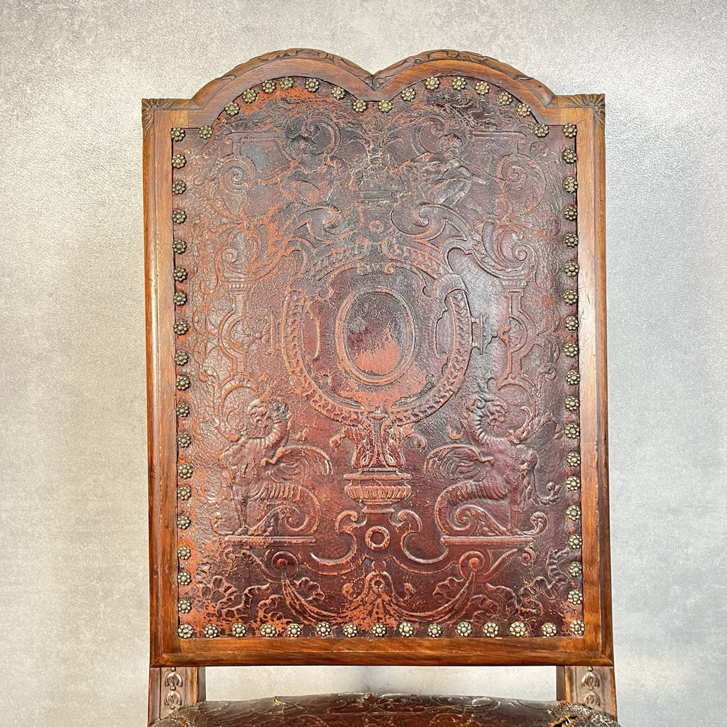 Antique Victorian Renaissance Revival Oak Hall Chair | Tooled Leather Seat & Back | c.1880s | Used