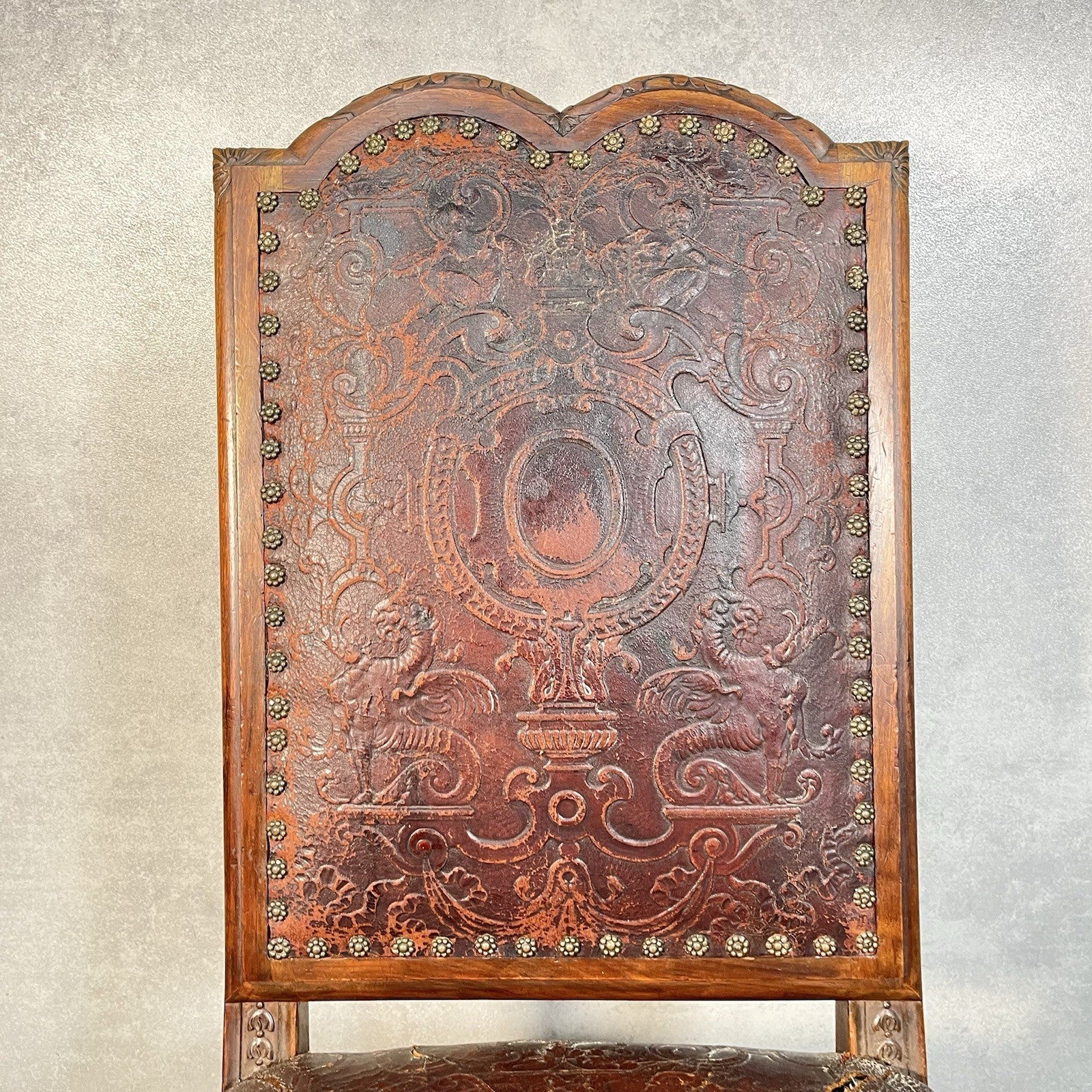 Antique Victorian Renaissance Revival Oak Hall Chair | Tooled Leather Seat & Back | c.1880s | Used