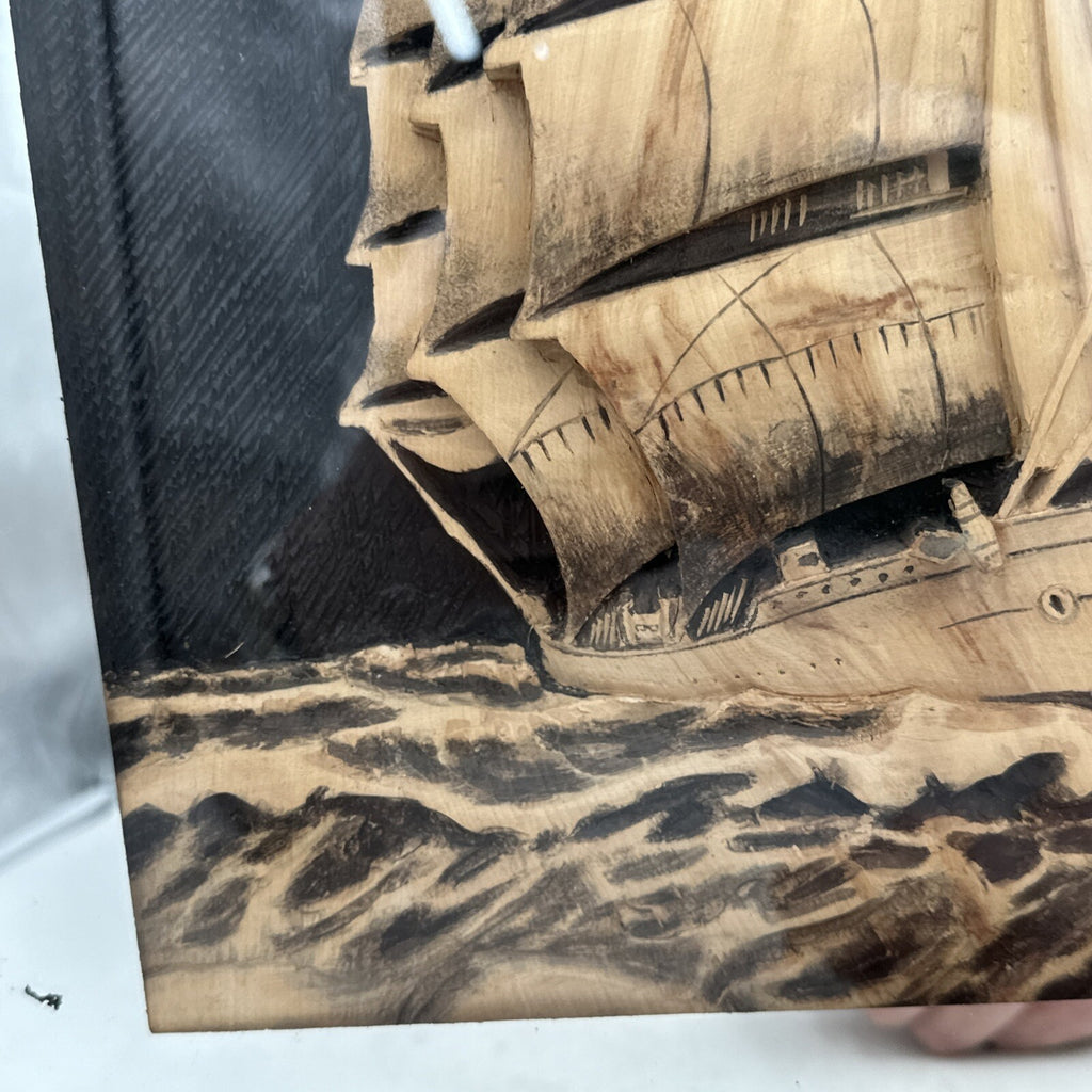 Brass Framed Mirror Carved Wooden Galleon Sail Ship Framed Vintage 47.5 x 57.5cm