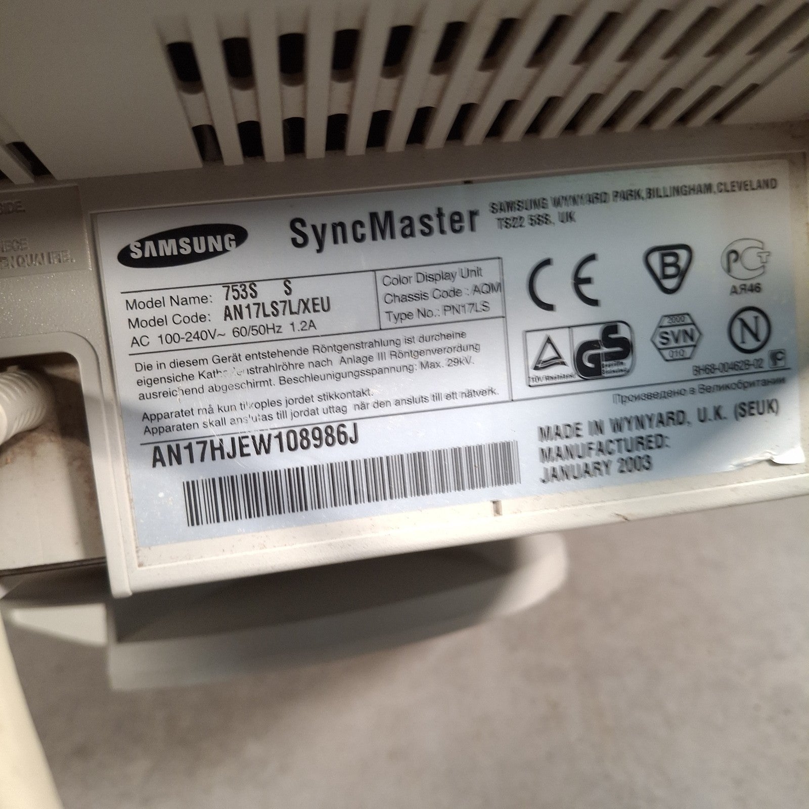 Samsung SyncMaster 753S 17" CRT VGA Monitor | 2002 | Retro PC | Used | Power Tested | No Cable