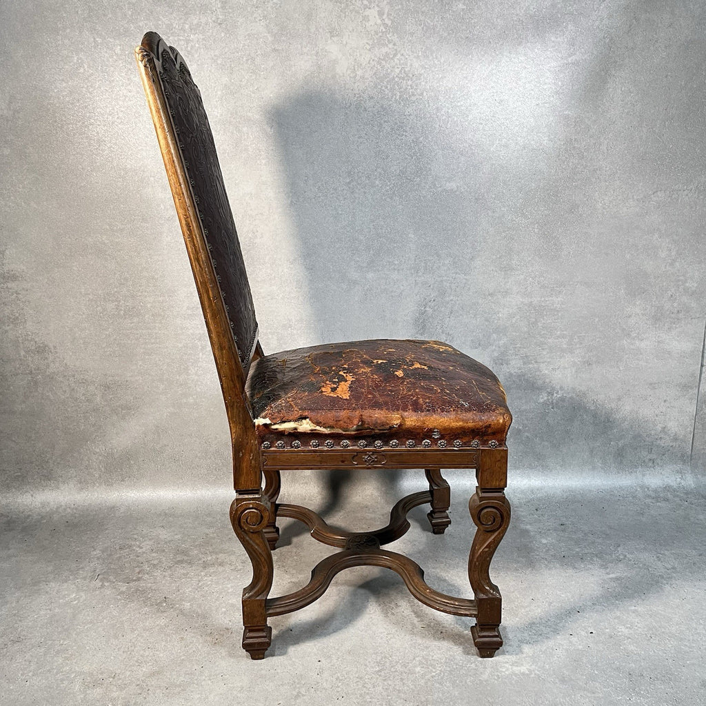 Antique Victorian Renaissance Revival Oak Hall Chair c.1880s Tooled Leather Seat