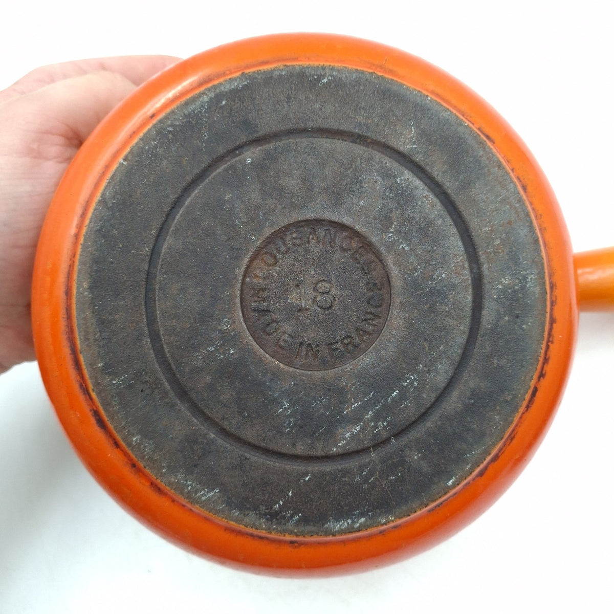 Vintage Cousances 18 Cast Iron Saucepan with Lid - Orange Enamel - Made in France - Used