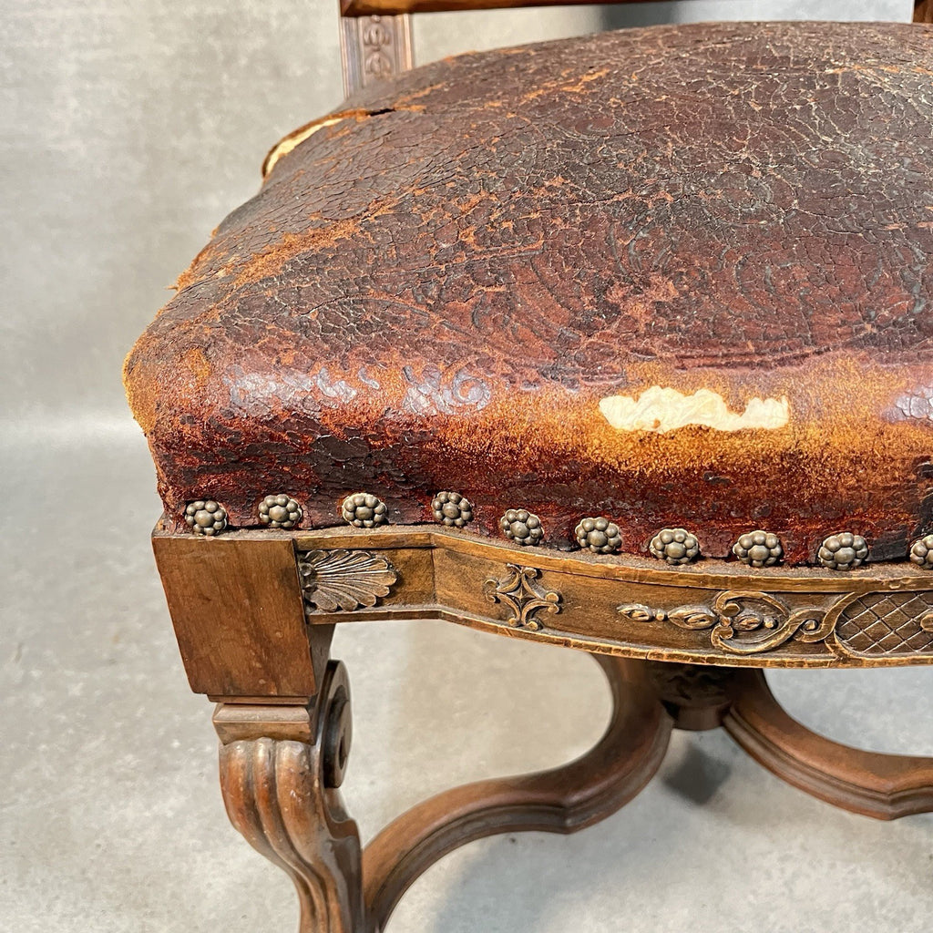 Antique Victorian Renaissance Revival Oak Hall Chair c.1880s Tooled Leather Seat