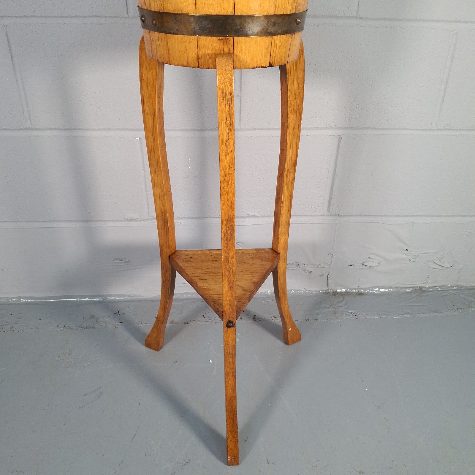 Wood & Brass Bound Plant Stand - Barrel Jardiniere R.A. Lister & Co Vintage Prop