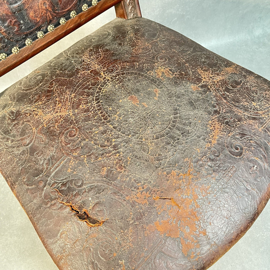 Antique Victorian Renaissance Revival Oak Hall Chair c.1880s Tooled Leather Seat