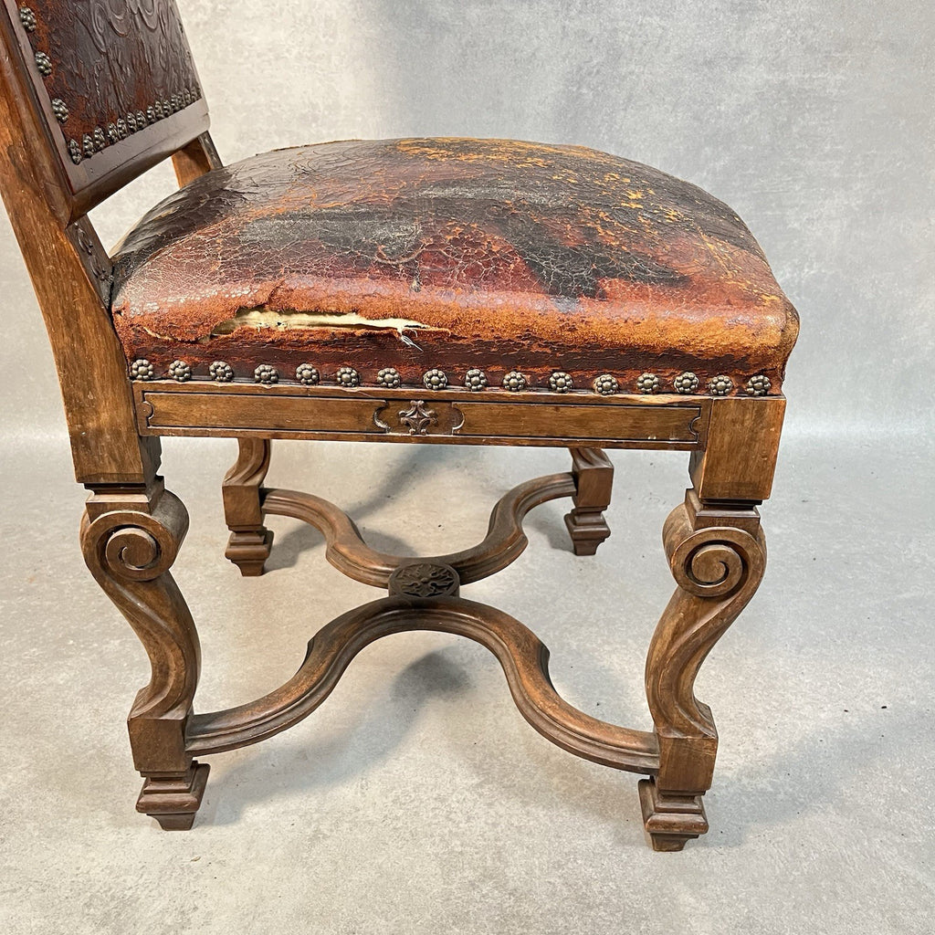 Antique Victorian Renaissance Revival Oak Hall Chair | Tooled Leather Seat & Back | c.1880s | Used