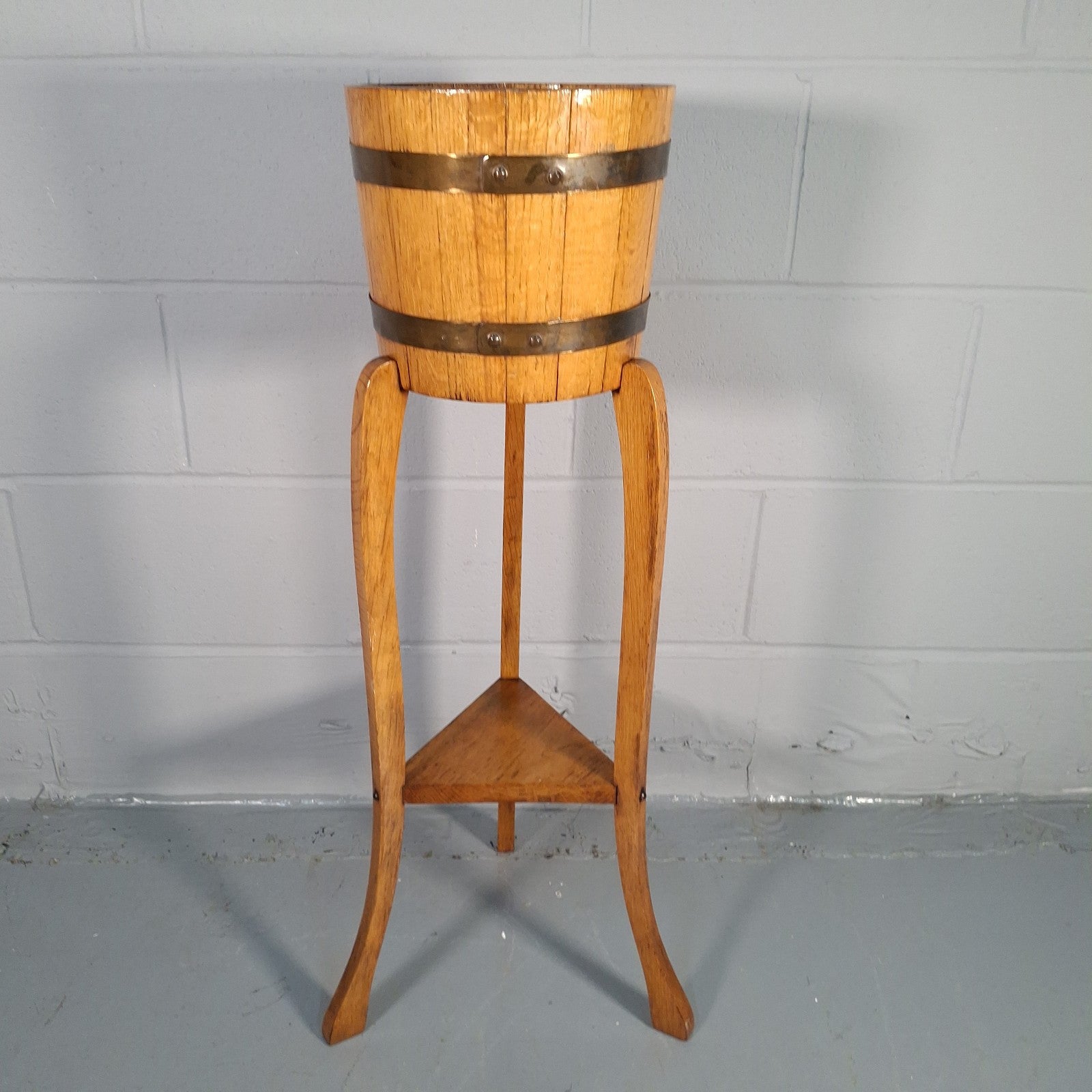 Wood & Brass Bound Plant Stand - Barrel Jardiniere R.A. Lister & Co Vintage Prop