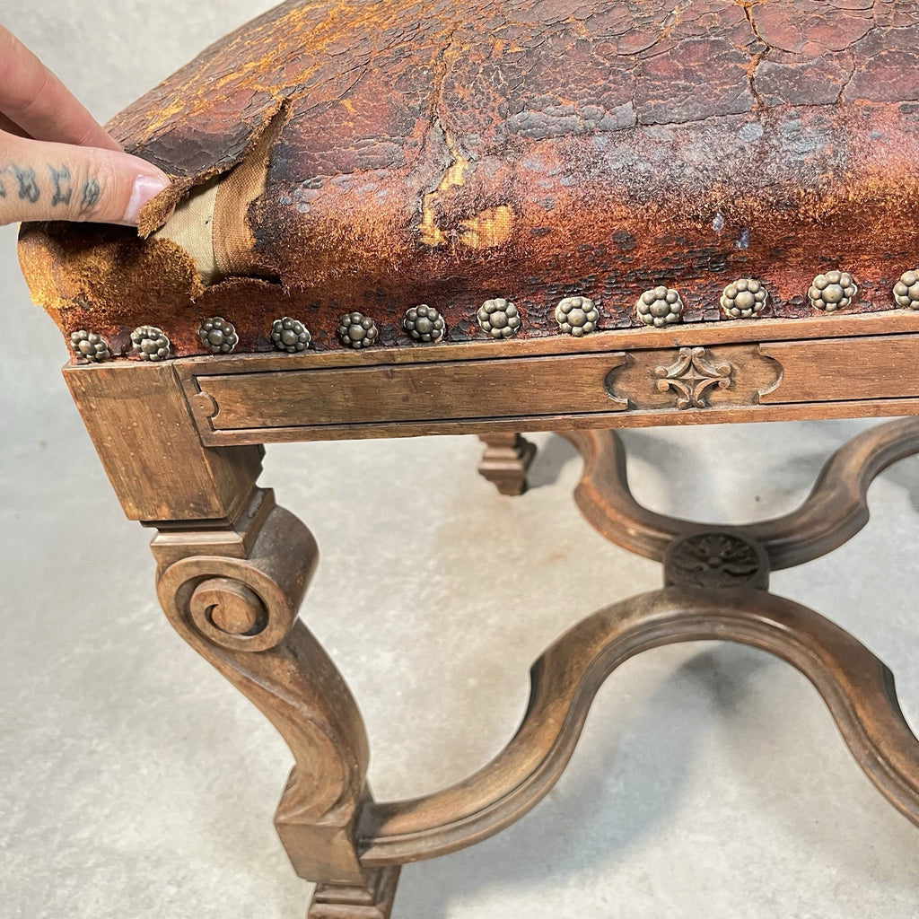 Antique Victorian Renaissance Revival Oak Hall Chair | Tooled Leather Seat & Back | c.1880s | Used