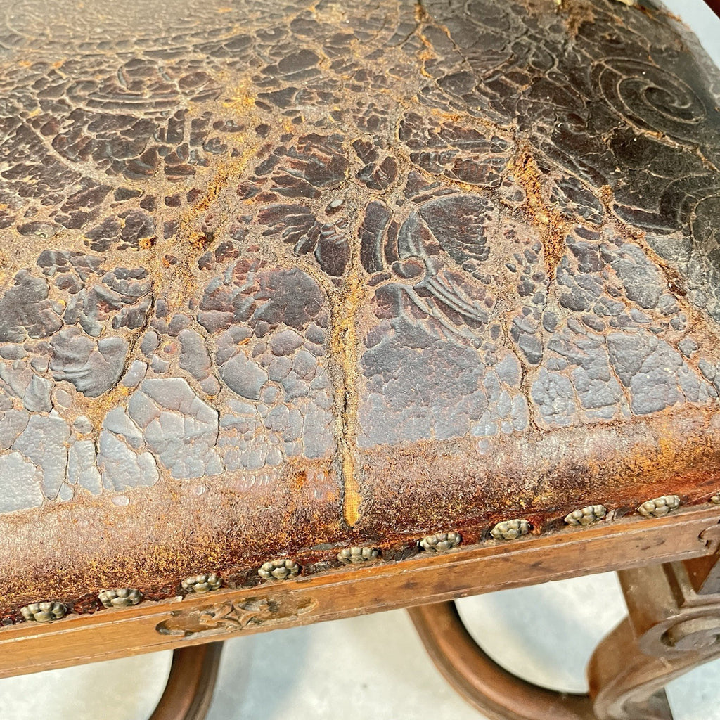 Antique Victorian Renaissance Revival Oak Hall Chair c.1880s Tooled Leather Seat