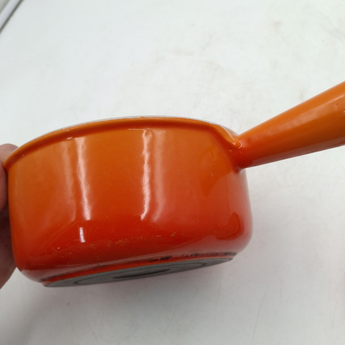 Vintage Cousances 18 Cast Iron Saucepan with Lid - Orange Enamel - Made in France - Used