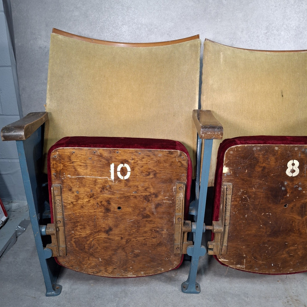 Vintage Art Deco Cinema Theatre Seats | Row of 3 Fold-Up Chairs | Red Fabric | Used