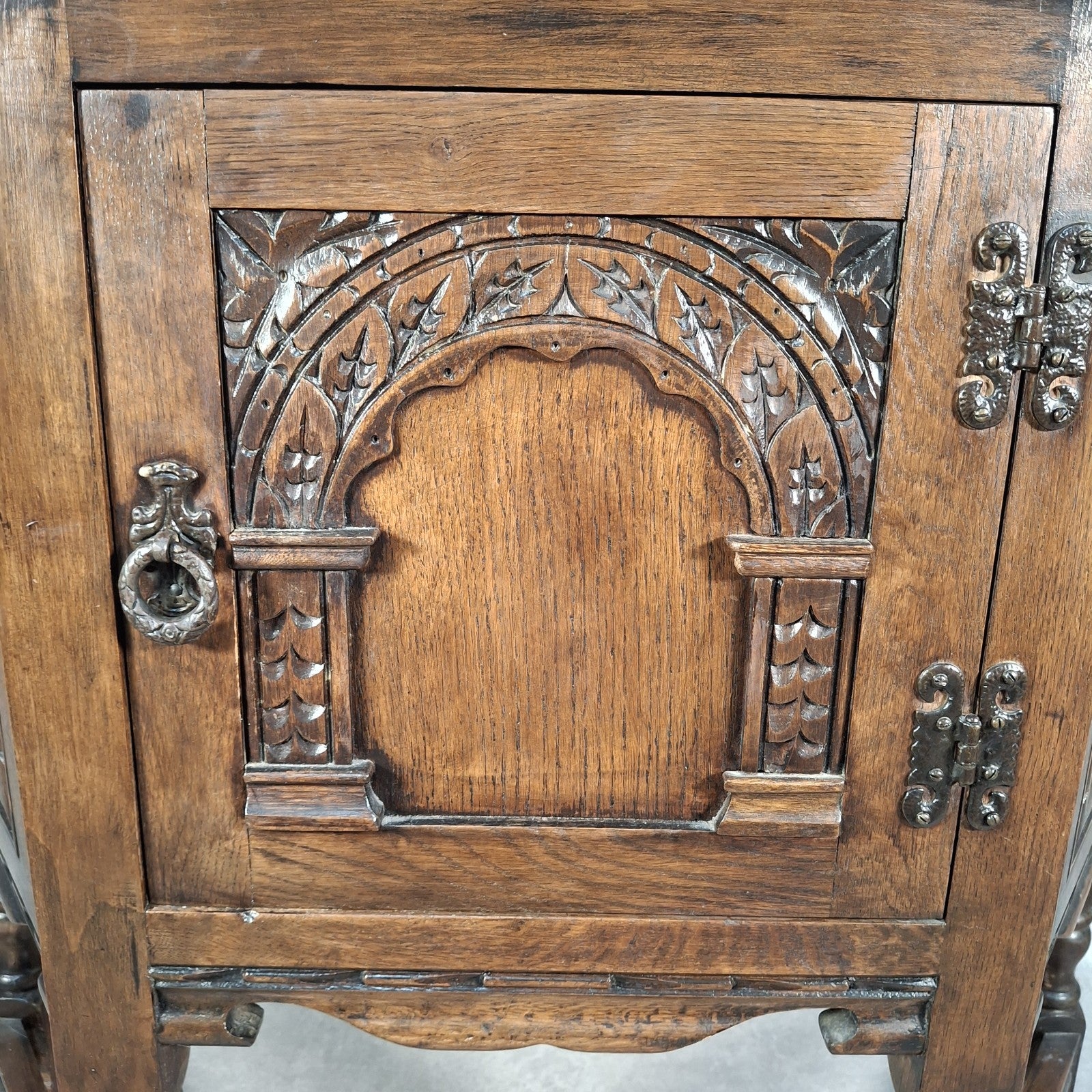 Old Charm Wood Bros Oak Hall Stand Cabinet – Carved Tudor Style Side Cupboard