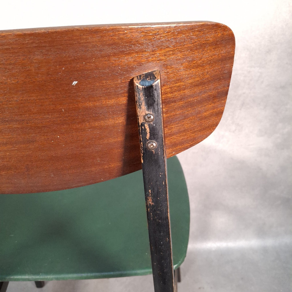 Vintage 1960s Mid-Century School Chair | Green Vinyl Seat & Bent Ply Backrest | Black Frame | Used