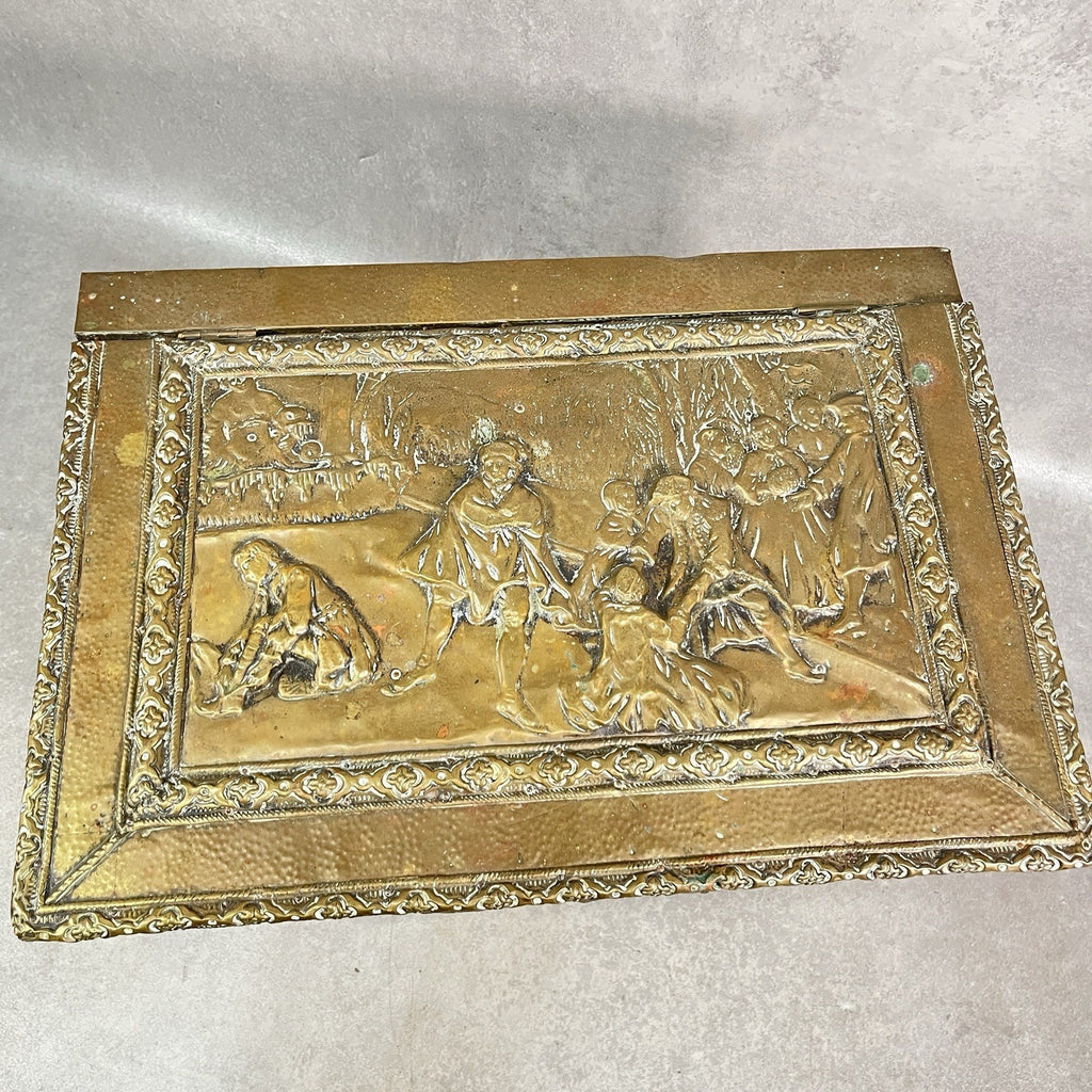 Vintage Embossed Brass Coal Box / Log Box - Tavern & Hunting Scenes - Victorian/Edwardian Style - Used