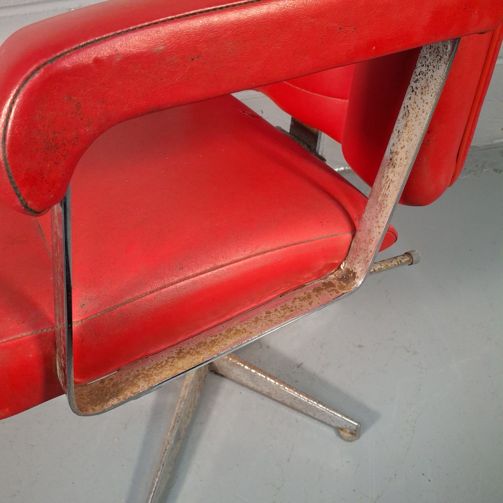 Vintage Red Vinyl Swivel Armchair | Barber Salon Style | Used | Restoration Project