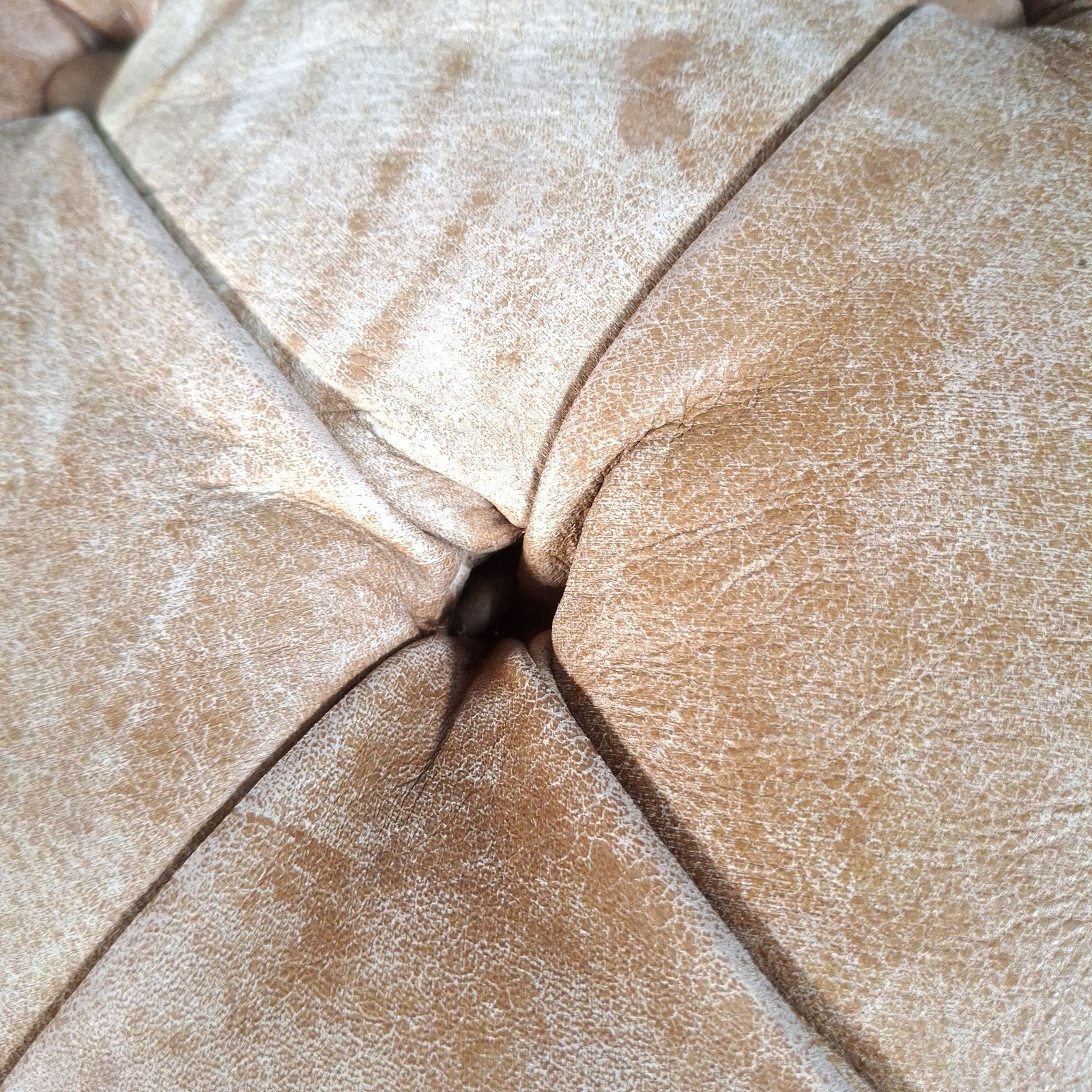 Large Square Tan Leather Chesterfield-Style Footstool | Button Top | Rustic | Used | 72cm