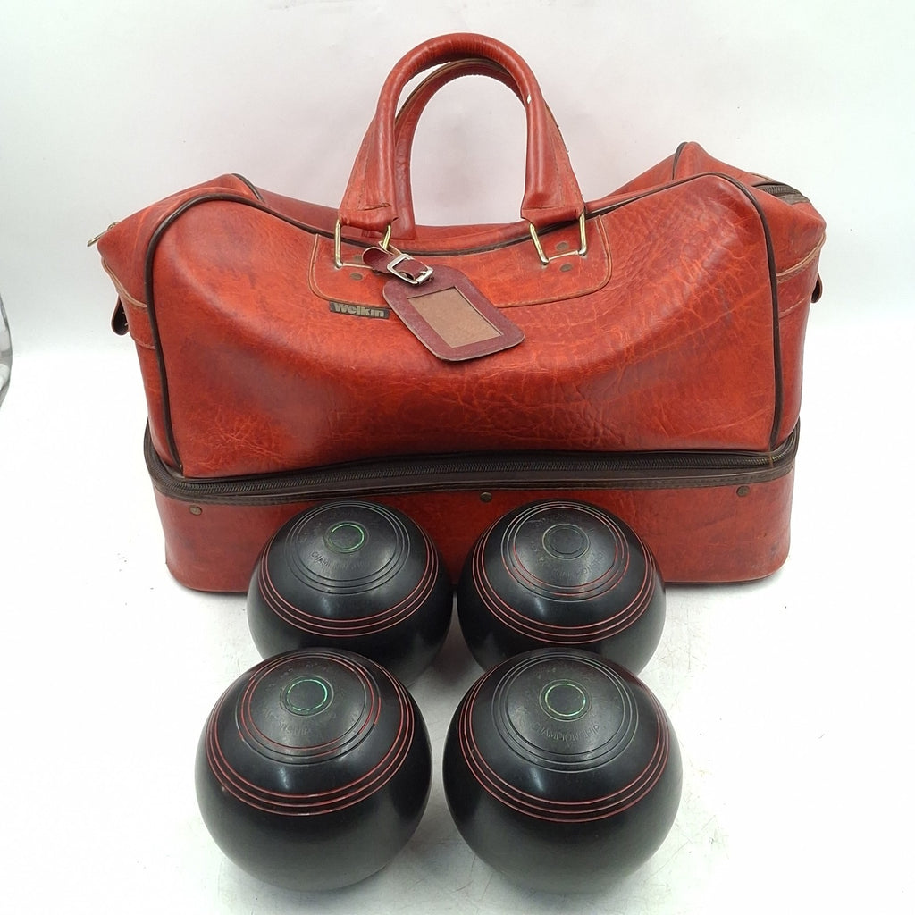 Henselite Championship Super-Grip Lawn Bowls - Size 5 - Black - Set of 4 - Vintage - with Welkin Bag - Used