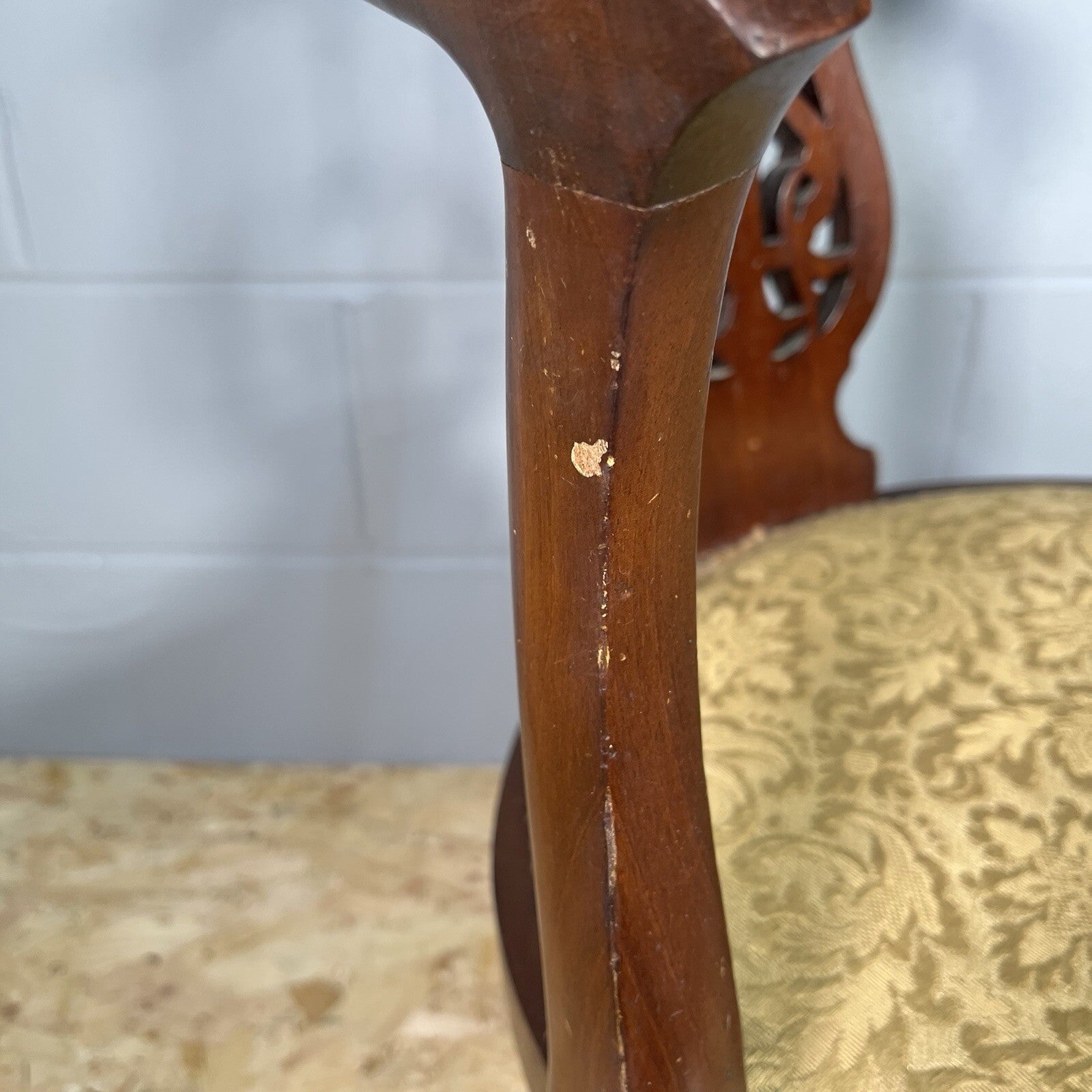Edwardian Mahogany Upholstered Corner Chair | Oval Base | Antique | Used | Needs Repair