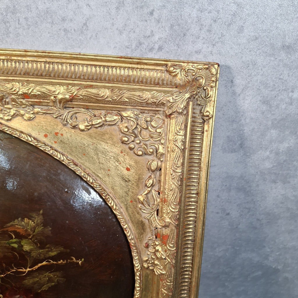 Vintage Continental Still Life Oil Painting | Grapes & Plums | Oval Convex Gilt Frame | Mid-20thC