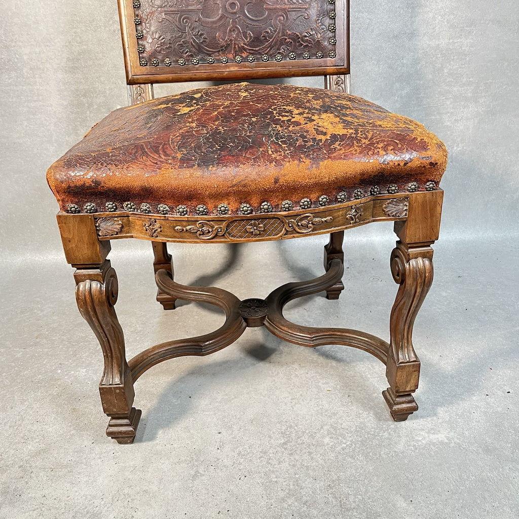 Antique Victorian Renaissance Revival Oak Hall Chair c.1880s Tooled Leather Seat