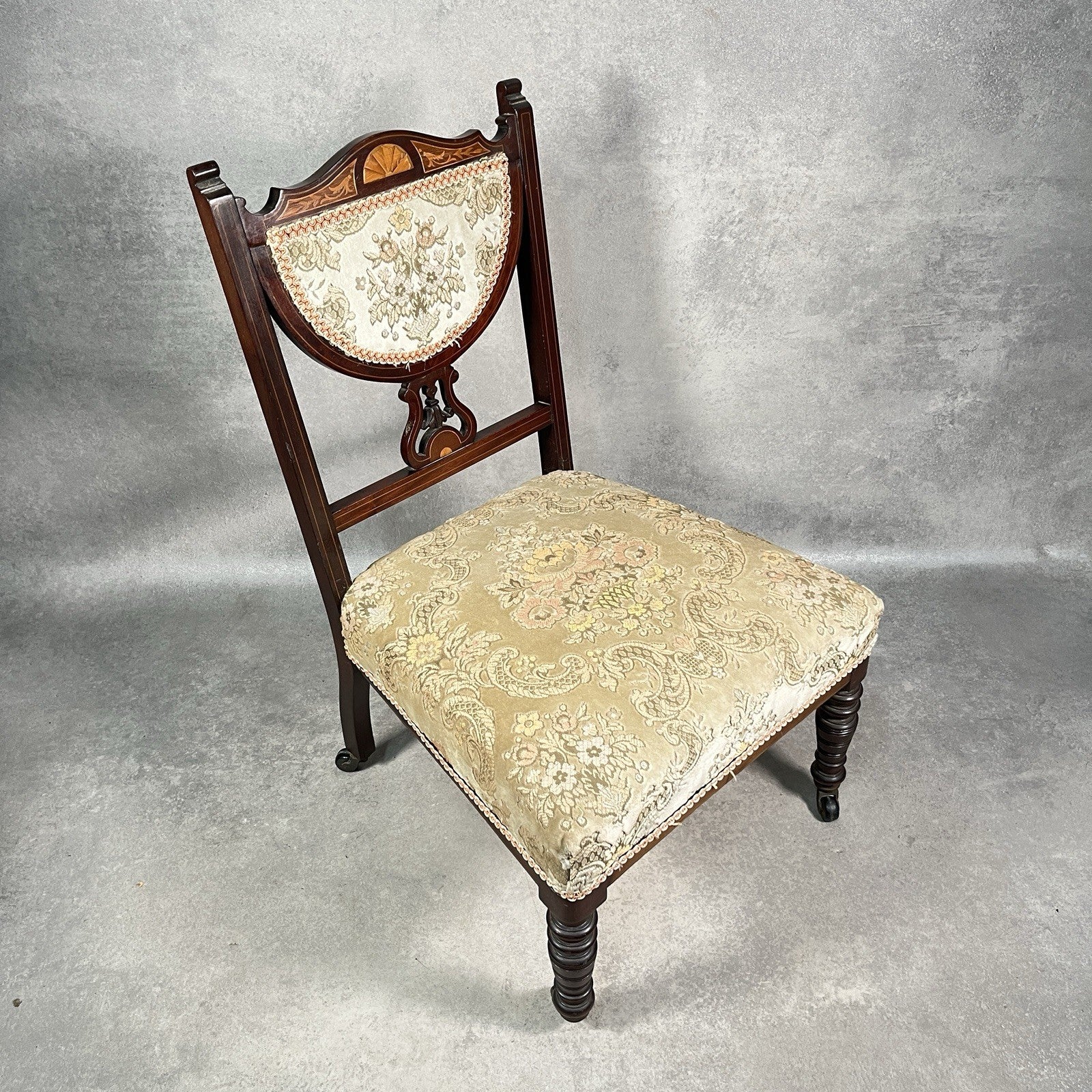 Edwardian Inlaid Mahogany Bedroom Chair | Satinwood Fan Motif | Floral Upholstery | Castors | c.1900 | Used