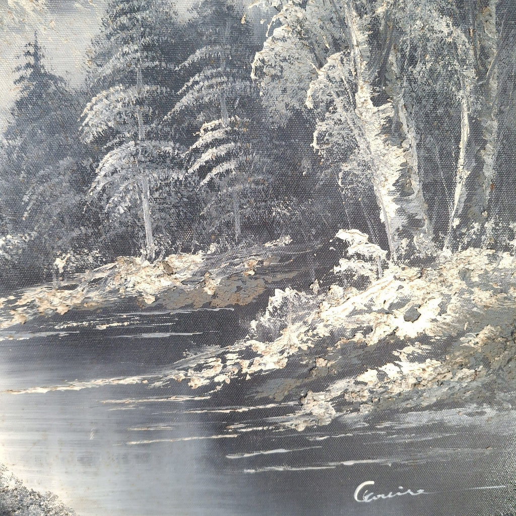 Painting Moody Winter Landscape Woodland Mountain Oil On Canvas Signed Louise